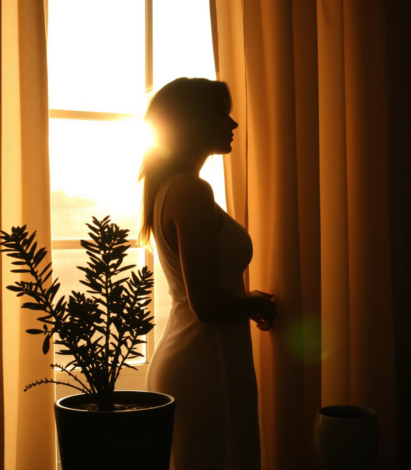 Silhouette of a woman by a sunlit window